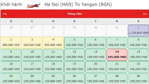 Vé giá rẻ Hà Nội - Yangon được tung ra các ngày trong tháng 9.